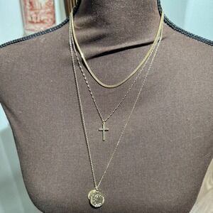 Gold Layered Necklace 3 Layer Look Cross Coin Pendant Minimalist